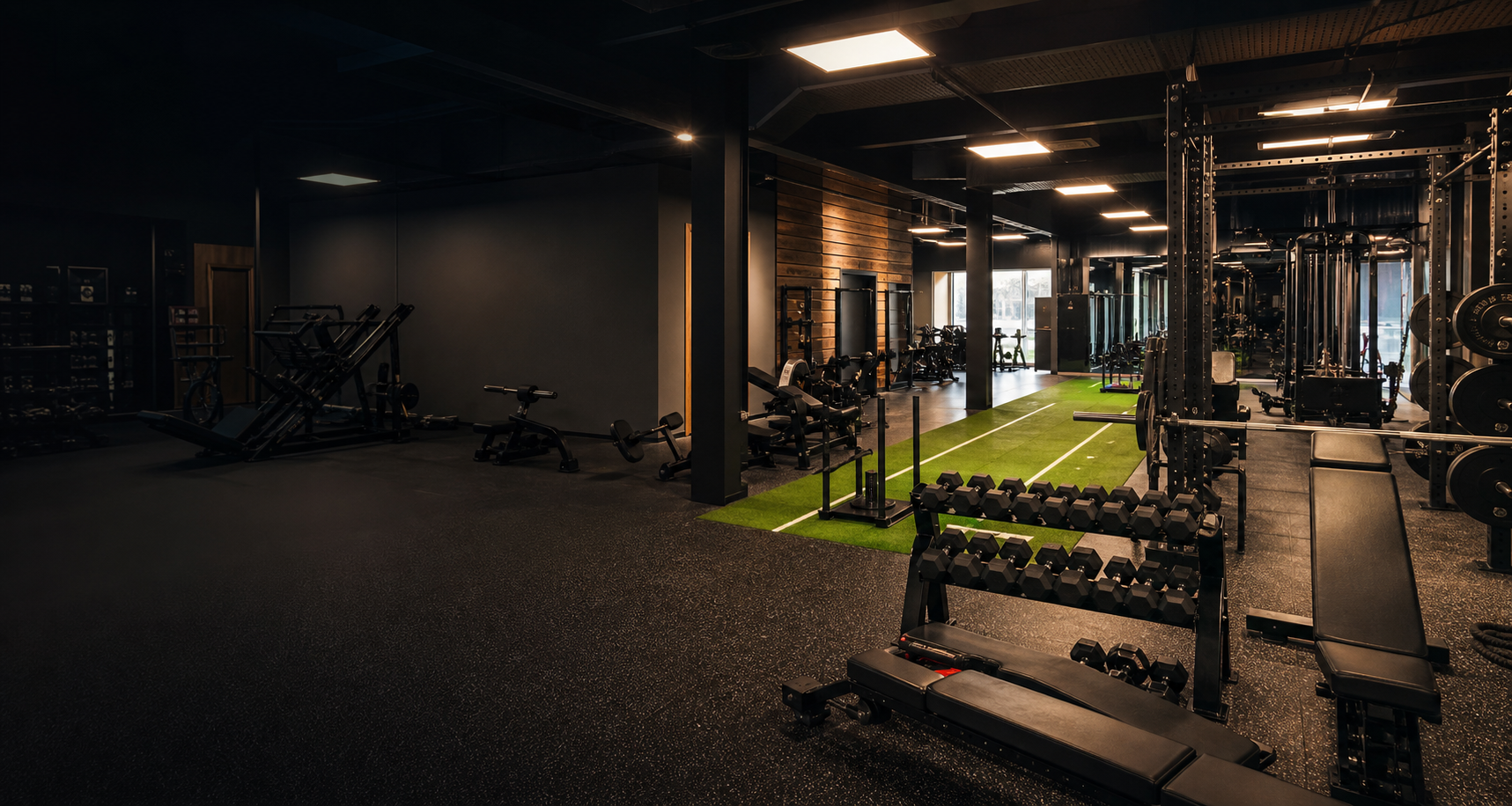 Modern strength gym with racks, benches, dumbbells, and turf training space